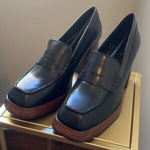 Alohas Busy Black - stacked heel black loafers. Size 38 / 7.5. New in box.